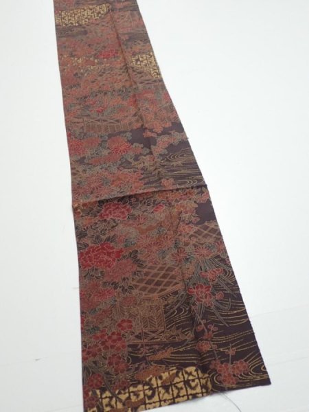 Photo2: 4K09z70  Japanese Kimono Silk  FABRIC Flowers Dark brown 93.7x7.3 (2)