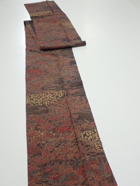Photo3: 4K09z70  Japanese Kimono Silk  FABRIC Flowers Dark brown 93.7x7.3 (3)