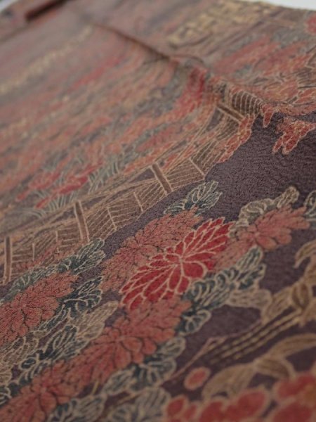 Photo4: 4K09z70  Japanese Kimono Silk  FABRIC Flowers Dark brown 93.7x7.3 (4)