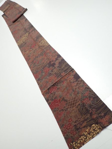 Photo5: 4K09z70  Japanese Kimono Silk  FABRIC Flowers Dark brown 93.7x7.3 (5)