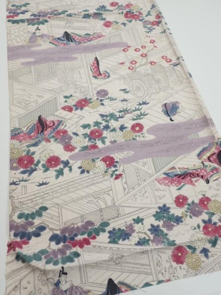 Photo2: 4K02z50  Japanese Kimono Silk  FABRIC Princess Smoky white 42.1x14.0 (2)