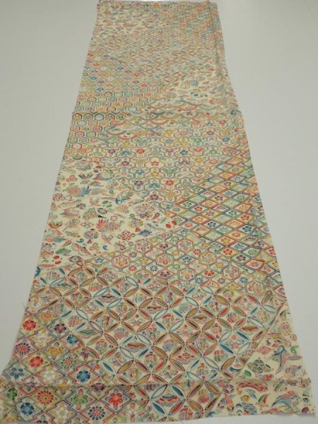 Photo5: 4K02z70  Japanese Kimono Silk  FABRIC Flowers Lime white 44.1x14.0 (5)