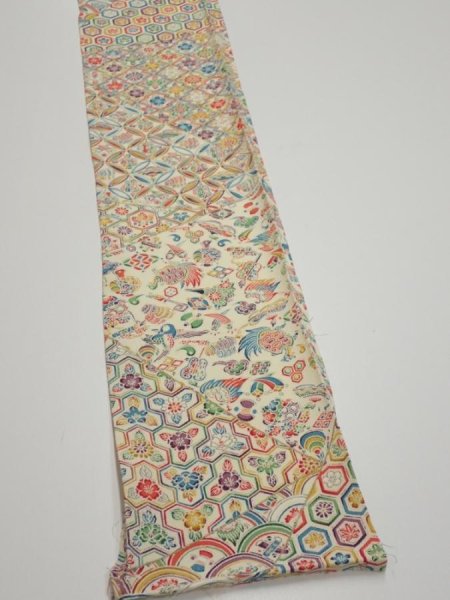 Photo2: 4K08z40  Japanese Kimono Silk  FABRIC Flowers Lime white 56.7x7.1 (2)