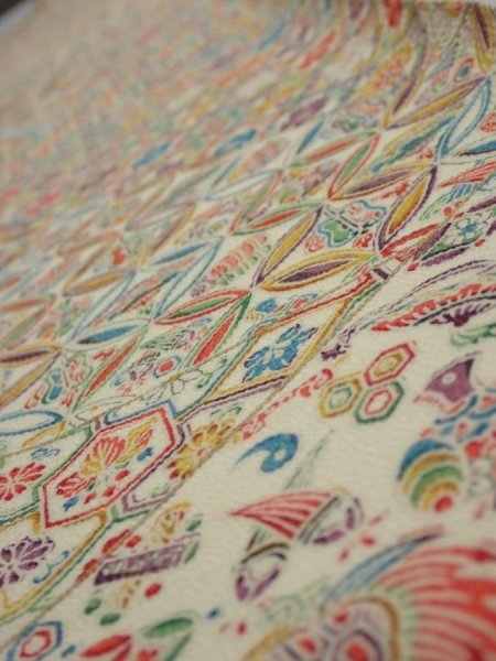 Photo4: 4K08z40  Japanese Kimono Silk  FABRIC Flowers Lime white 56.7x7.1 (4)