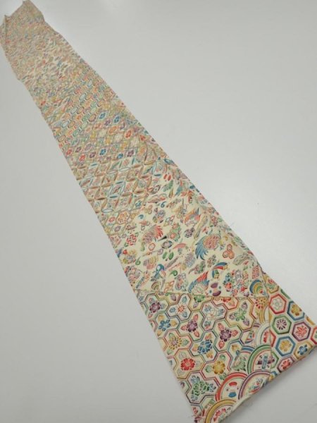 Photo5: 4K08z40  Japanese Kimono Silk  FABRIC Flowers Lime white 56.7x7.1 (5)