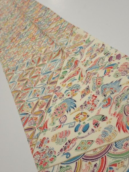 Photo2: 4K10z30  Japanese Kimono Silk  FABRIC Flowers Lime white 38.2x6.9 (2)