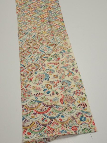 Photo3: 4K10z30  Japanese Kimono Silk  FABRIC Flowers Lime white 38.2x6.9 (3)