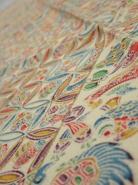 Photo5: 4K10z30  Japanese Kimono Silk  FABRIC Flowers Lime white 38.2x6.9 (5)