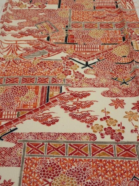Photo1: 4K05z80  Japanese Kimono Silk  FABRIC House Off-white 63.8x13.8 (1)
