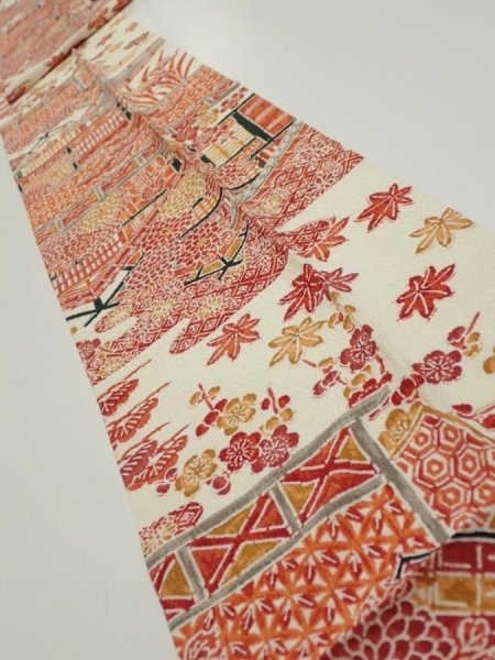 Photo1: 4K09z60  Japanese Kimono Silk  FABRIC House Off-white 81.9x7.5 (1)