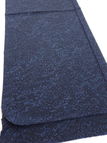 Photo2: 4K01z60  Japanese Kimono Silk  FABRIC Flowers Indigo 42.5x14.8 (2)