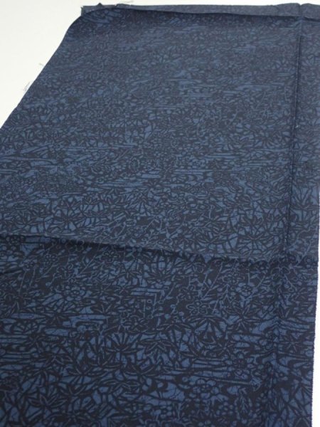 Photo3: 4K01z60  Japanese Kimono Silk  FABRIC Flowers Indigo 42.5x14.8 (3)