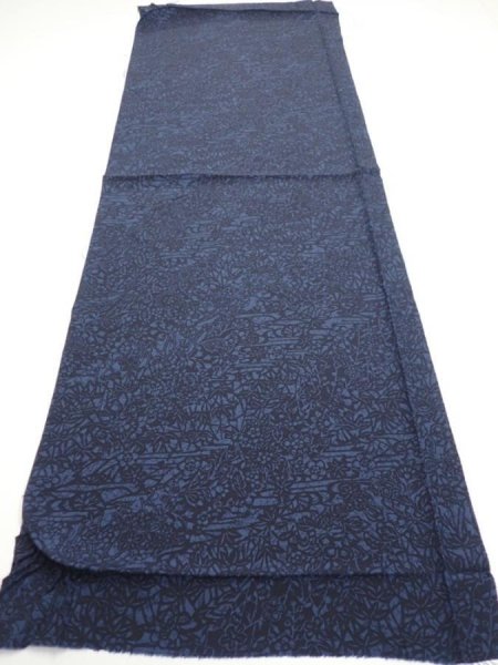 Photo5: 4K02z60  Japanese Kimono Silk  FABRIC Flowers Indigo 42.5x14.8 (5)
