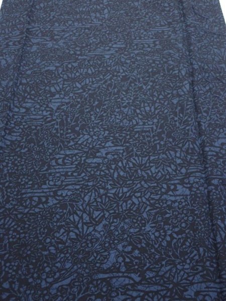 Photo1: 4K04z90  Japanese Kimono Silk  FABRIC Flowers Indigo 62.6x14.8 (1)