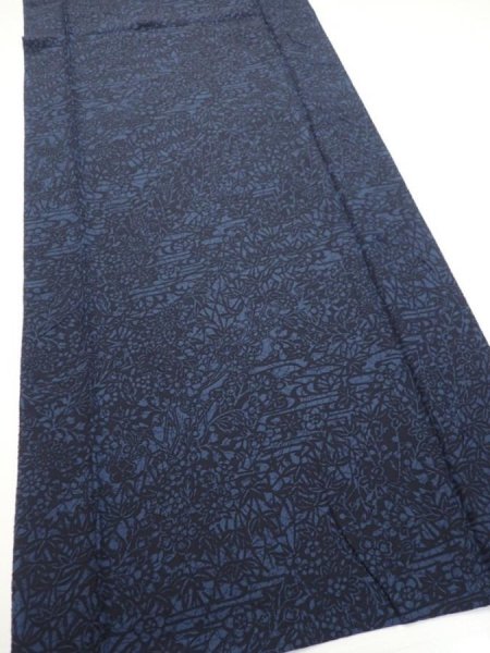 Photo2: 4K05z90  Japanese Kimono Silk  FABRIC Flowers Indigo 62.6x14.8 (2)