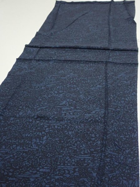 Photo3: 4K05z90  Japanese Kimono Silk  FABRIC Flowers Indigo 62.6x14.8 (3)