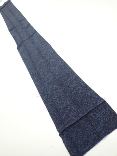 Photo4: 4K09z50  Japanese Kimono Silk  FABRIC Flowers Indigo 63.8x7.3 (4)