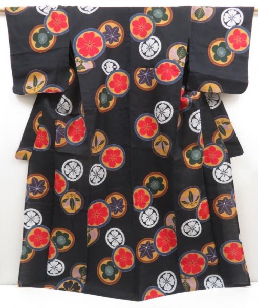 Photo1: 5312T01z520 Vintage Japanese Kimono Cotton YUKATA Flowers Black (1)