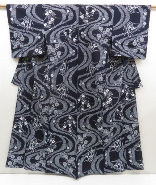 Photo1: 5312T02z540 Vintage Japanese Kimono Cotton YUKATA Chrysanthemum Indigo (1)