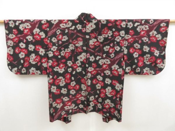 Photo1: 5312T03z380 Vintage Japanese Kimono Silk MEISEN HAORI Plum branch Black (1)