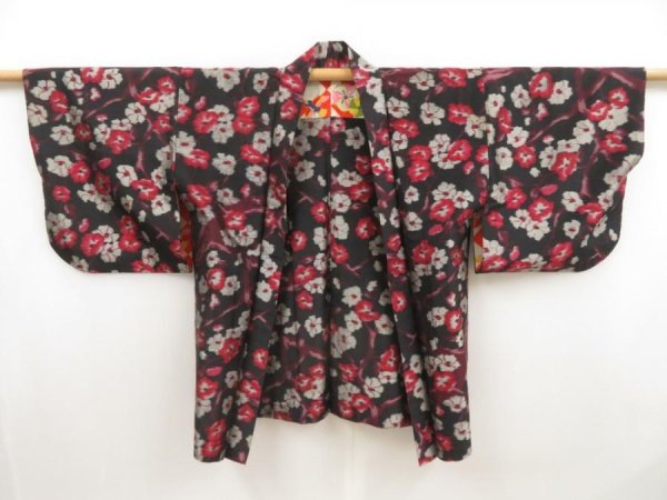 Photo6: 5312T03z380 Vintage Japanese Kimono Silk MEISEN HAORI Plum branch Black (6)