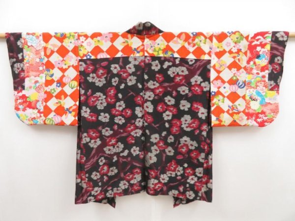 Photo7: 5312T03z380 Vintage Japanese Kimono Silk MEISEN HAORI Plum branch Black (7)