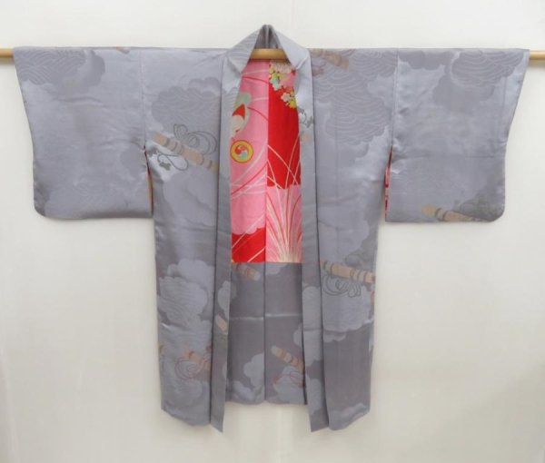 Photo1: 5312T08z540 Antique Japanese Kimono Silk LONG HAORI Instrument Light gray (1)