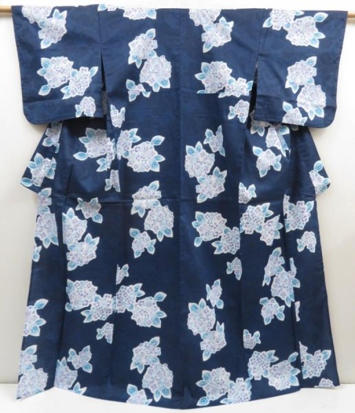 Photo1: 5313T01z420 Vintage Japanese Kimono Cotton YUKATA Hydrangea Navy (1)