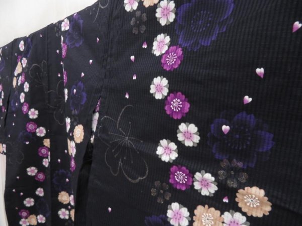Photo2: 5313T03z480  Japanese Kimono Cotton RO YUKATA Sakura Black (2)