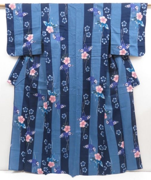 Photo1: 5313T04z380  Japanese Kimono Cotton YUKATA Origami crane  Steel blue (1)