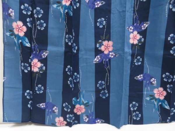 Photo4: 5313T04z380  Japanese Kimono Cotton YUKATA Origami crane  Steel blue (4)