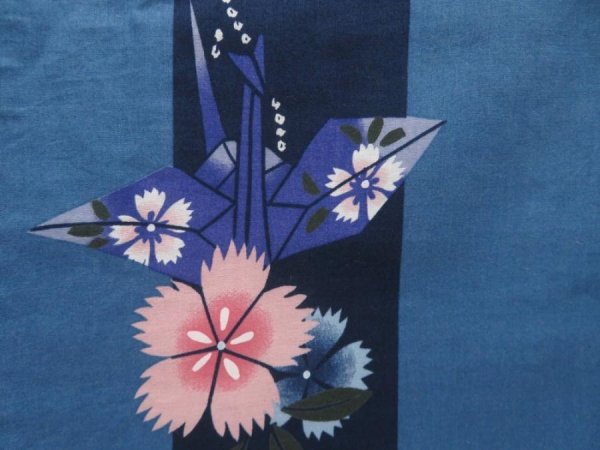 Photo6: 5313T04z380  Japanese Kimono Cotton YUKATA Origami crane  Steel blue (6)