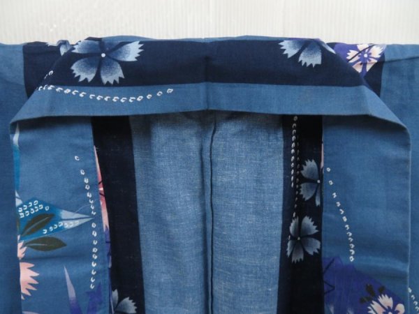 Photo8: 5313T04z380  Japanese Kimono Cotton YUKATA Origami crane  Steel blue (8)