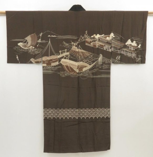 Photo1: 5313T06z410 Vintage Japanese Kimono Silk Men's JUBAN Edo era Dark brown (1)