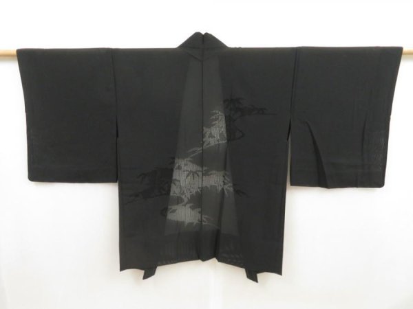 Photo1: 5313T08z340 Vintage Japanese Kimono Silk See through HAORI Bamboo grass Black (1)