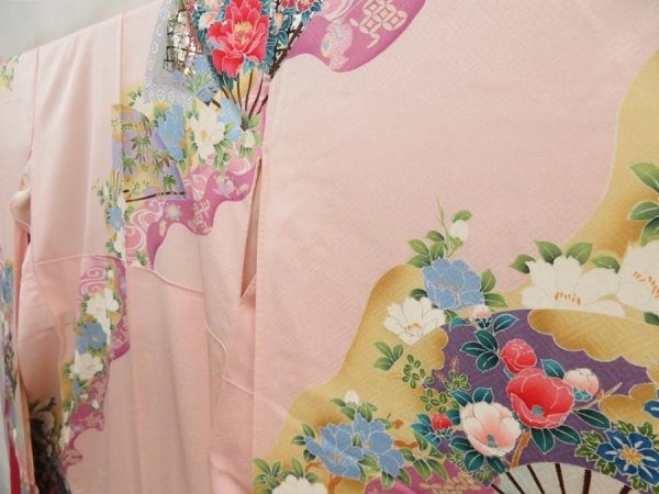 Photo2: 5313T13z1150 Vintage Japanese Kimono Silk FURISODE Folding fan Pink (2)