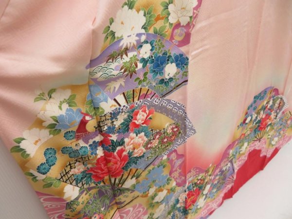 Photo3: 5313T13z1150 Vintage Japanese Kimono Silk FURISODE Folding fan Pink (3)