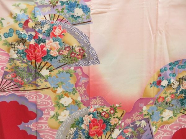 Photo8: 5313T13z1150 Vintage Japanese Kimono Silk FURISODE Folding fan Pink (8)