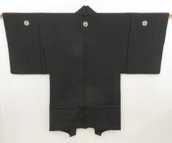 Photo1: 5314T01z630 Vintage Japanese Kimono Silk Men's HAORI Plain Black (1)