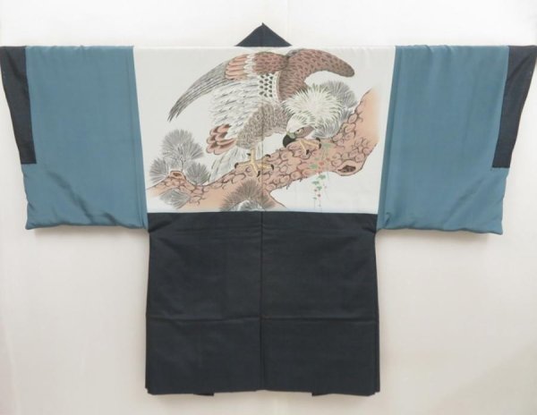 Photo1: 5314T02z520 Vintage Japanese Kimono Silk Men's HAORI Hawk Navy-Gray (1)