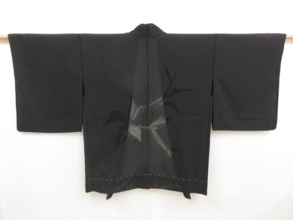 Photo1: 5314T03z320 Vintage Japanese Kimono Silk See through HAORI Leaf Black (1)