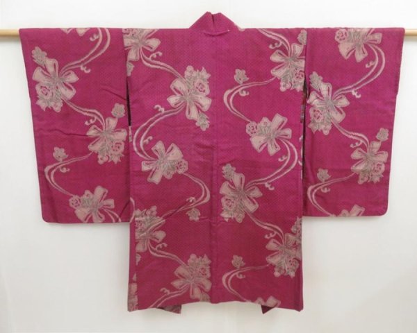 Photo1: 5314T04z450 Antique Japanese Kimono Silk HAORI Flower Dark pink (1)