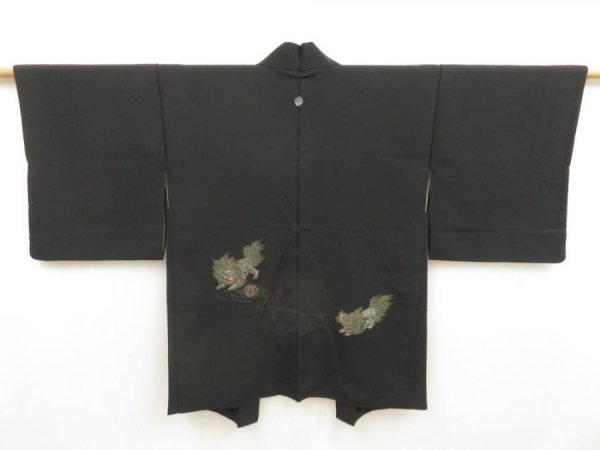 Photo1: 5314T05z510 Vintage Japanese Kimono Silk HAORI Shishi Black (1)