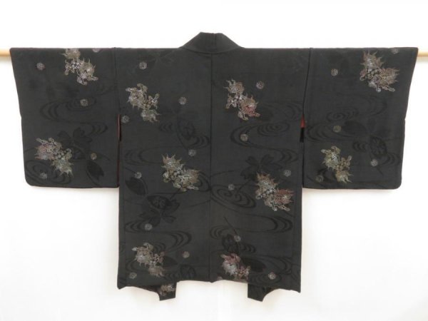 Photo1: 5314T06z580 Vintage Japanese Kimono Silk HAORI Shishi Black (1)