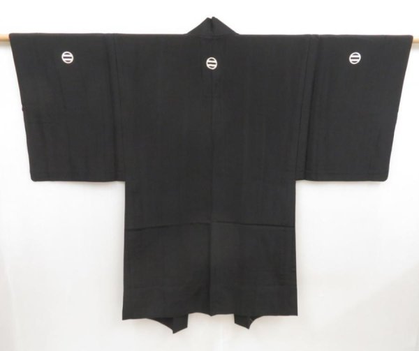 Photo1: 5314T08z550 Vintage Japanese Kimono Silk Men's HITOE HAORI Plain Black (1)
