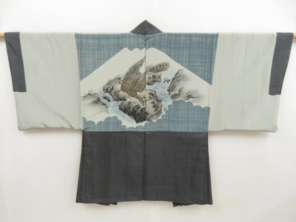 Photo1: 5314T09z490 Vintage Japanese Kimono Silk Men's OSHIMA HAORI Hawk Gray-Blue (1)