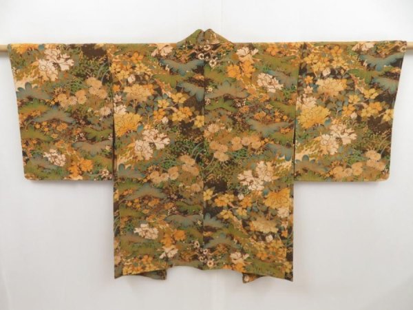 Photo1: 5314T11z690 Vintage Japanese Kimono Crepe Silk HAORI Flowers Yellow ochre (1)