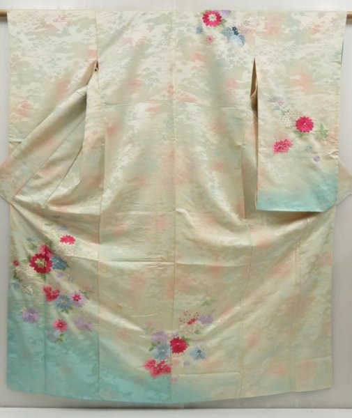 Photo1: 5314T13z920 Vintage Japanese Kimono Silk FURISODE Chrysanthemum Off-white (1)
