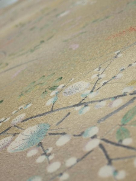 Photo4: 4H01z60  Japanese Kimono Silk  FABRIC Flowers Light olive 43.3x14.8 (4)