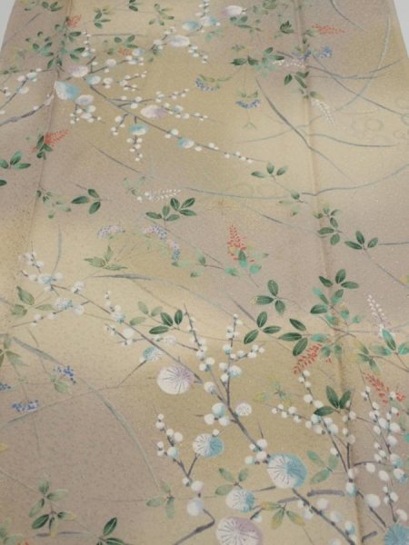 Photo1: 4H05z90  Japanese Kimono Silk  FABRIC Flowers Light olive 70.9x14.8 (1)